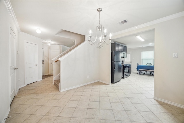 dining space featuring ornamental molding, light tile patterned flooring, and a chandelier