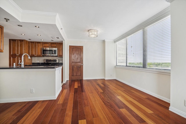 kitchen featuring dark hardwood / wood-style flooring, sink, ornamental molding, and stainless steel appliances