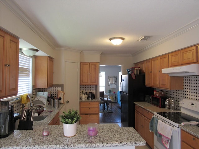 kitchen with a healthy amount of sunlight, ornamental molding, white electric range, and backsplash