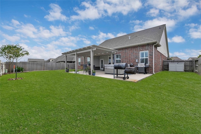 rear view of house featuring outdoor lounge area, a pergola, a patio, and a lawn