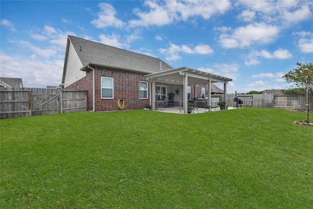 rear view of property featuring a pergola, a lawn, and a patio