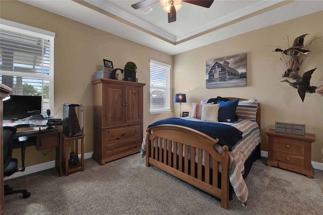 bedroom with carpet, ceiling fan, and a tray ceiling