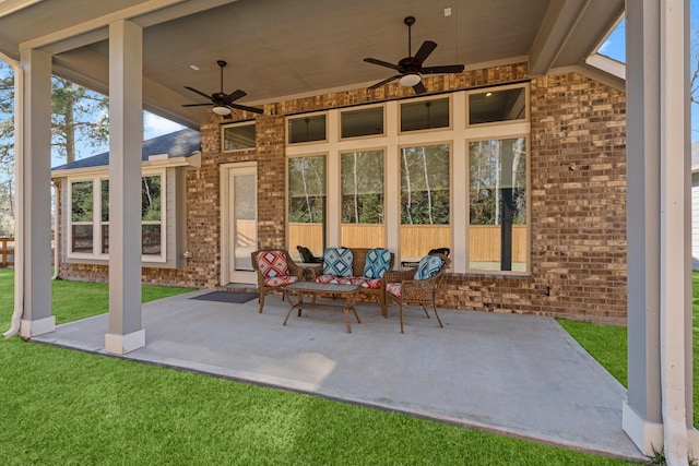 view of patio with an outdoor hangout area and ceiling fan