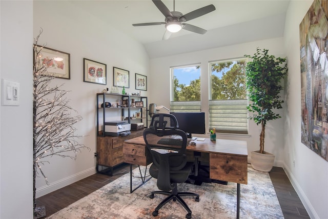 office area with lofted ceiling and ceiling fan