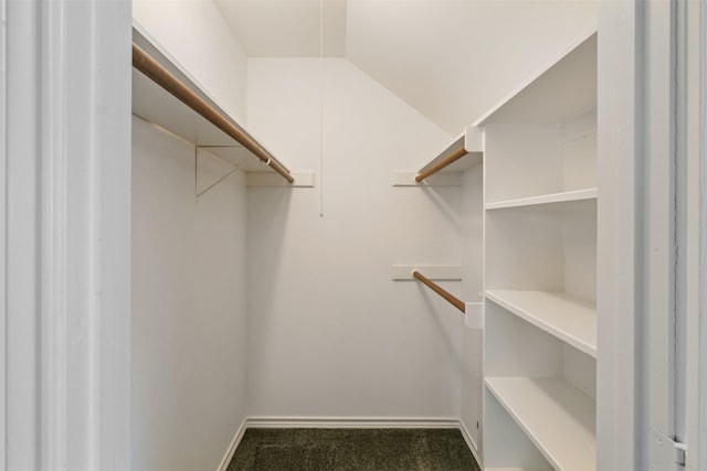 spacious closet featuring vaulted ceiling and dark colored carpet