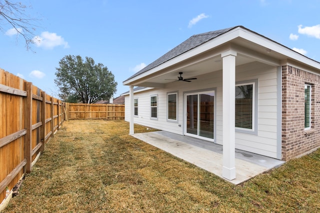 exterior space featuring ceiling fan and a patio area