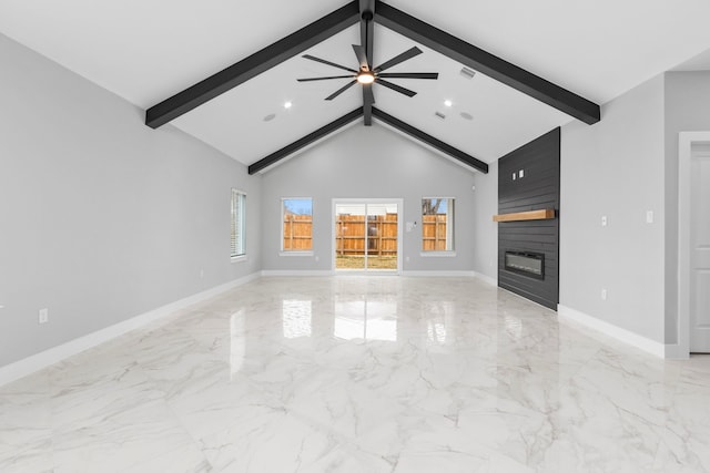 unfurnished living room featuring beamed ceiling, ceiling fan, high vaulted ceiling, and a fireplace