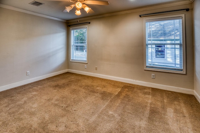 empty room with crown molding, carpet, a healthy amount of sunlight, and ceiling fan