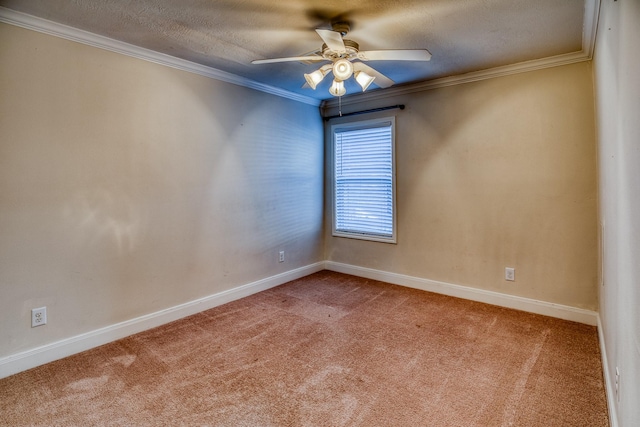 carpeted empty room with ceiling fan, ornamental molding, and a textured ceiling