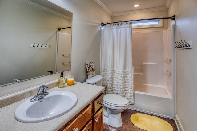 full bathroom featuring toilet, crown molding, vanity, shower / bath combo, and hardwood / wood-style flooring