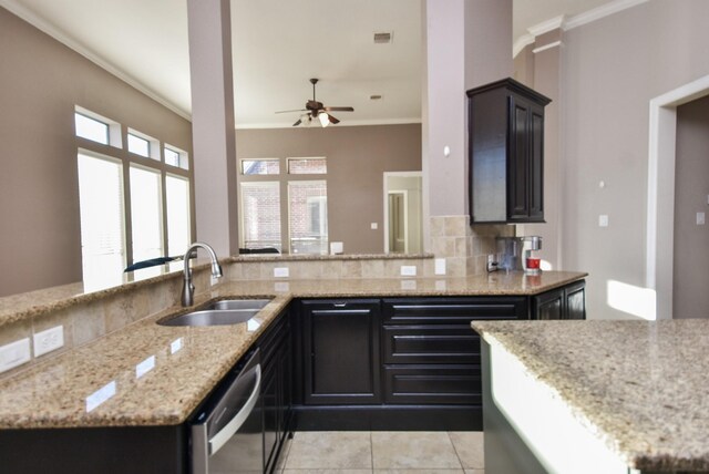 3104 Richard Ln, Friendswood, TX 77546 - kitchen featuring a sink, a ceiling fan, crown molding, light stone countertops, and stainless steel dishwasher
