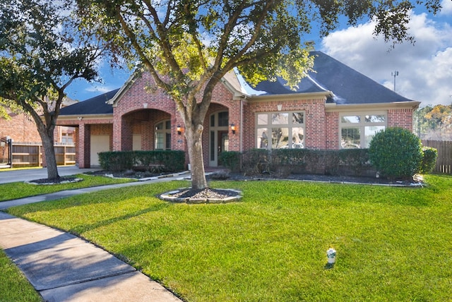 view of front of house featuring driveway, a front lawn, fence, an attached garage, and brick siding