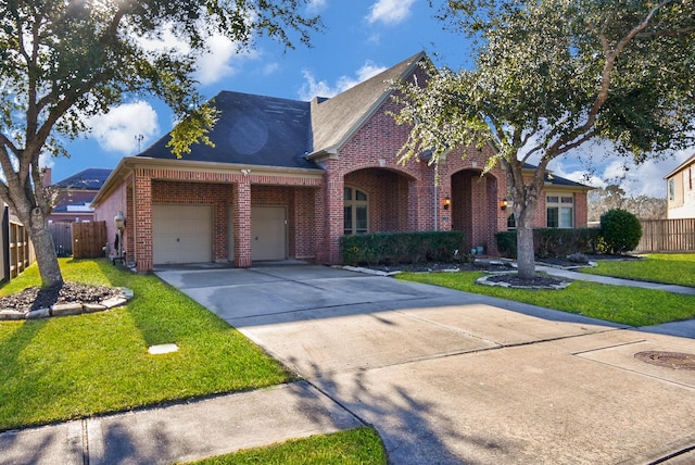 view of front of property featuring a garage and a front lawn