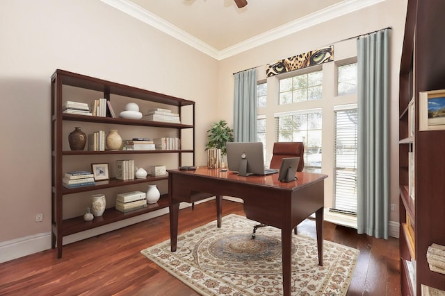 home office with a ceiling fan, crown molding, dark wood-style floors, and baseboards