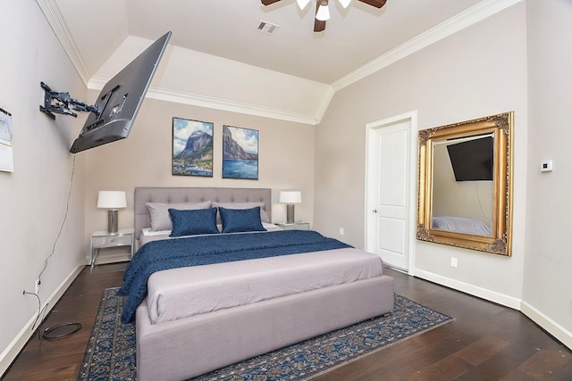 bedroom featuring dark wood-type flooring, ceiling fan, lofted ceiling, and ornamental molding