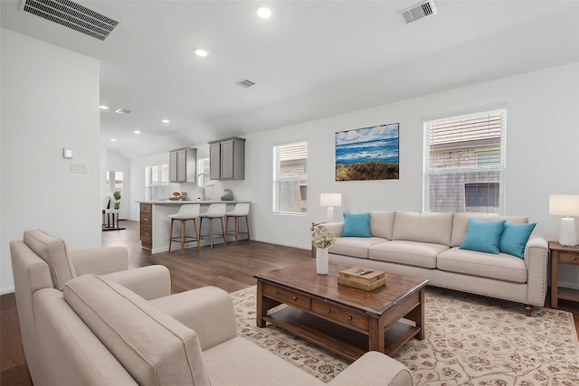 18415 Running Shadow Ct, Hockley, TX 77447 - living area featuring light wood-style floors, recessed lighting, and vaulted ceiling