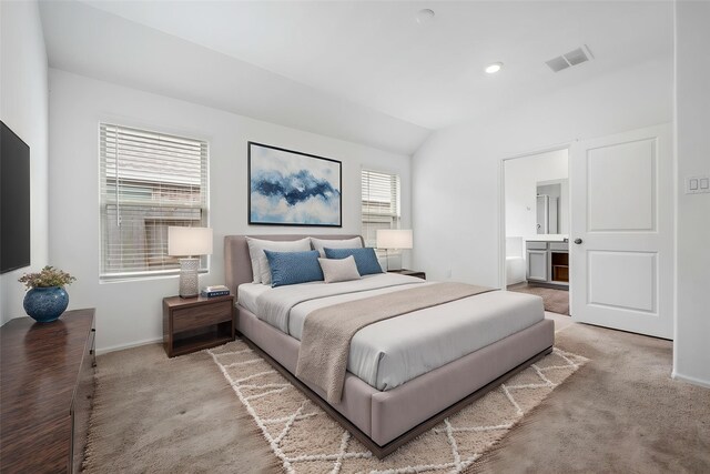 18415 Running Shadow Ct, Hockley, TX 77447 - bedroom featuring carpet, vaulted ceiling, baseboards, connected bathroom, and recessed lighting