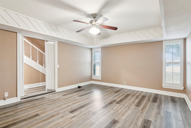 spare room featuring a raised ceiling, ceiling fan, plenty of natural light, and light hardwood / wood-style floors