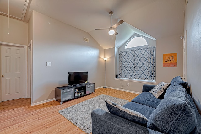 living room with vaulted ceiling, ceiling fan, and hardwood / wood-style floors