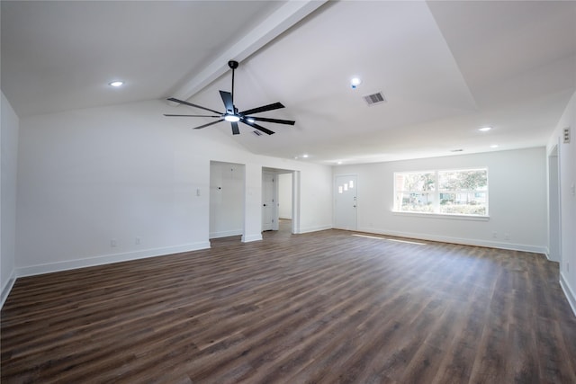 unfurnished living room featuring dark wood-type flooring, lofted ceiling with beams, and ceiling fan