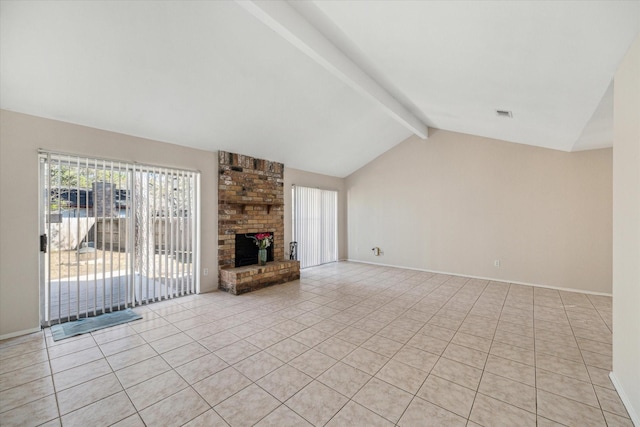 unfurnished living room featuring light tile patterned floors, a fireplace, and lofted ceiling with beams