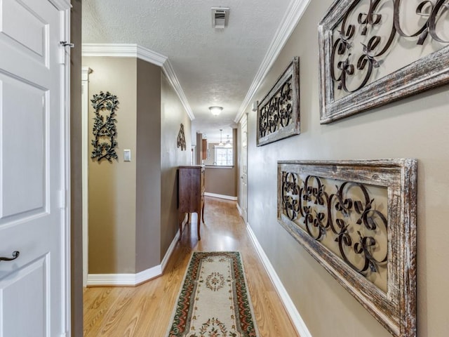 corridor featuring crown molding, light hardwood / wood-style flooring, and a textured ceiling