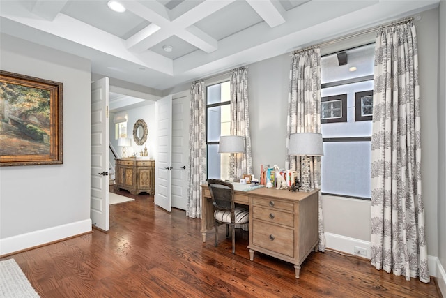 office area featuring beamed ceiling, coffered ceiling, and dark hardwood / wood-style floors