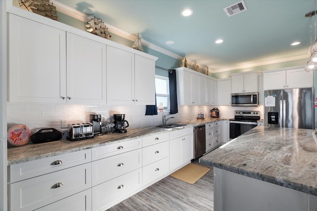 kitchen featuring stainless steel appliances, sink, white cabinets, and decorative backsplash