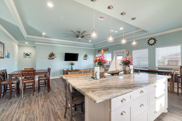 kitchen with white cabinetry, hanging light fixtures, a center island, a tray ceiling, and dark wood-type flooring