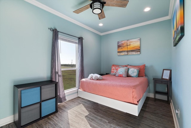 bedroom featuring crown molding, ceiling fan, and dark hardwood / wood-style flooring