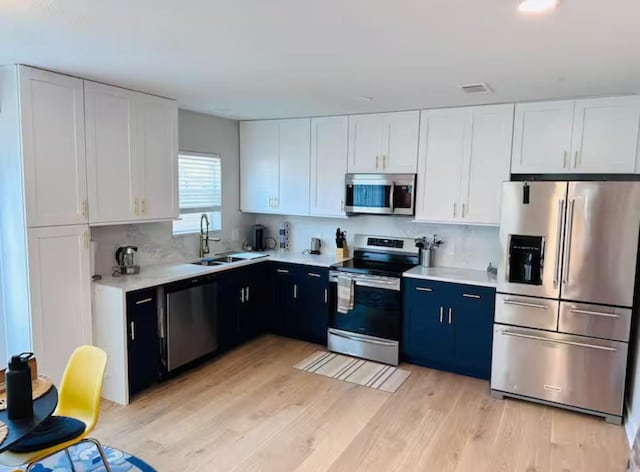 kitchen with sink, light hardwood / wood-style flooring, appliances with stainless steel finishes, white cabinets, and decorative backsplash