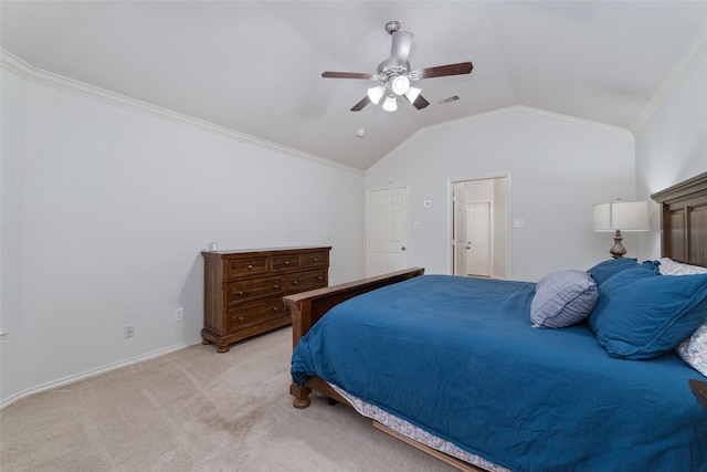 carpeted bedroom with lofted ceiling, crown molding, and ceiling fan