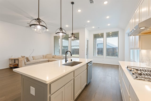 kitchen featuring open floor plan, stainless steel appliances, a sink, and a wealth of natural light