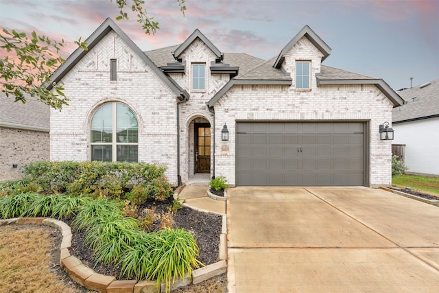 french provincial home featuring brick siding, driveway, an attached garage, and roof with shingles