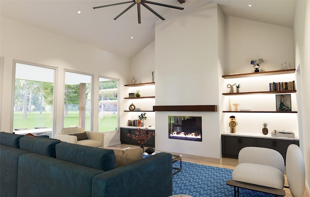 living room featuring high vaulted ceiling and light hardwood / wood-style floors