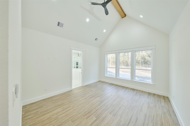 spare room featuring baseboards, light wood finished floors, high vaulted ceiling, ceiling fan, and beamed ceiling