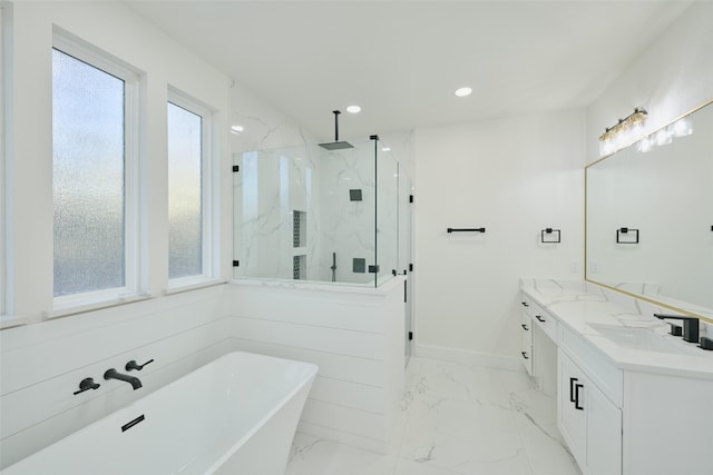 full bathroom featuring a marble finish shower, recessed lighting, a soaking tub, marble finish floor, and vanity