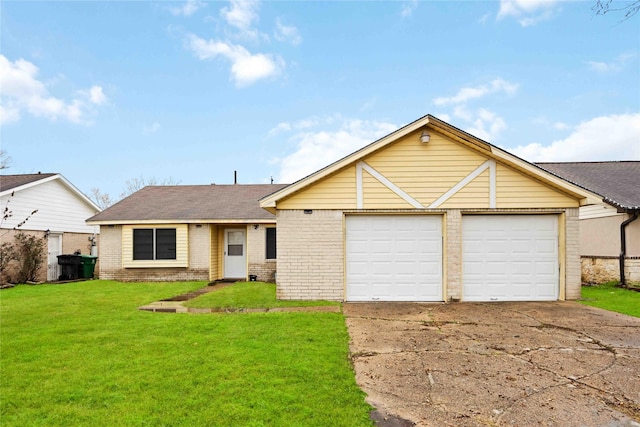 single story home with a garage and a front yard