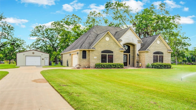 french country style house featuring a garage, an outdoor structure, and a front yard