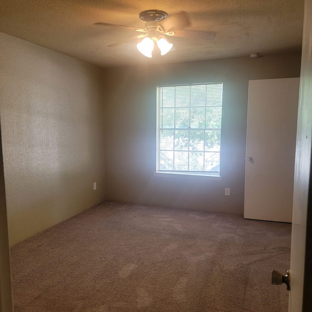 empty room with ceiling fan, carpet, and a textured ceiling