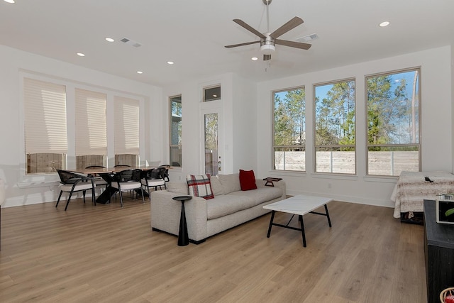 living room featuring ceiling fan and light wood-type flooring