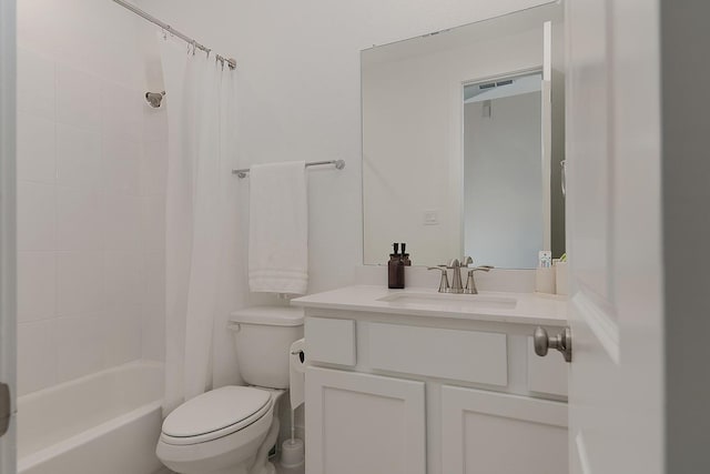 full bathroom featuring vanity, shower / bathtub combination with curtain, and toilet