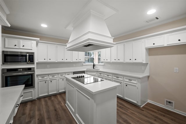 kitchen with stainless steel appliances, custom exhaust hood, a kitchen island, and white cabinetry