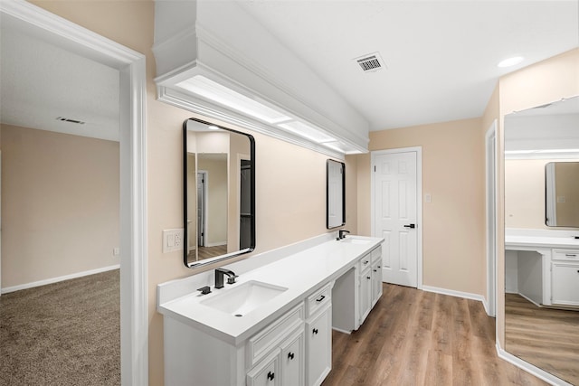 bathroom with vanity and wood-type flooring