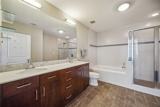 full bathroom with independent shower and bath, vanity, and toilet