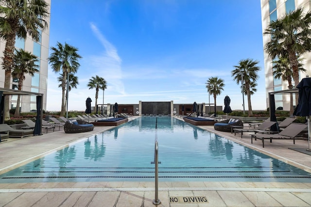 view of swimming pool with a patio