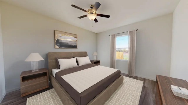 bedroom with dark wood-type flooring and ceiling fan