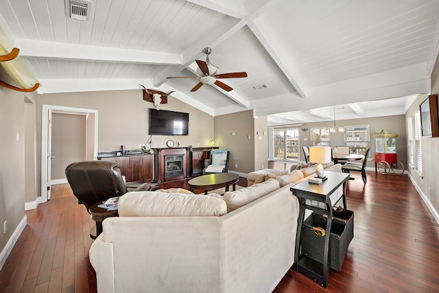 living room featuring ceiling fan, vaulted ceiling with beams, and dark hardwood / wood-style floors