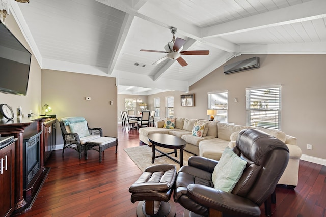 living room featuring vaulted ceiling with beams, a wall unit AC, dark hardwood / wood-style floors, and ceiling fan