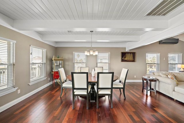 dining room featuring an inviting chandelier, beam ceiling, dark wood-type flooring, and a wall mounted AC